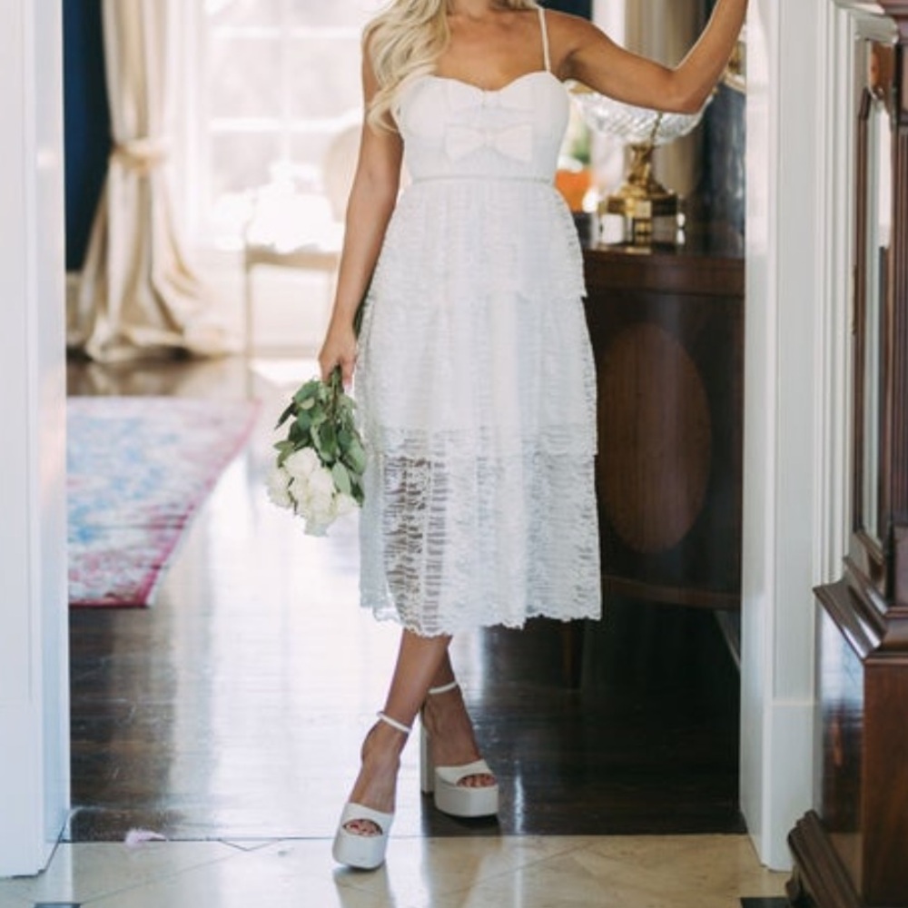 Lace Bow Rhinestone midi white dress
